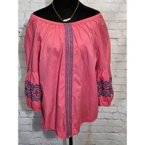 Crown & Ivy Pink Blouse Blue Embroidery Sz S